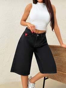 Pantalón corto vaquero de estilo casual, ajuste regular, cintura baja, lavado negro, con botones delanteros - Negro - Ver 1