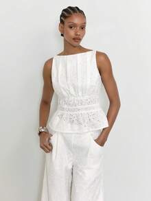 Maija Áo tank top nữ cổ thuyền khoét rỗng thêu họa tiết, viền bèo nhún, kiểu dáng thường ngày. - trắng - Xem 4