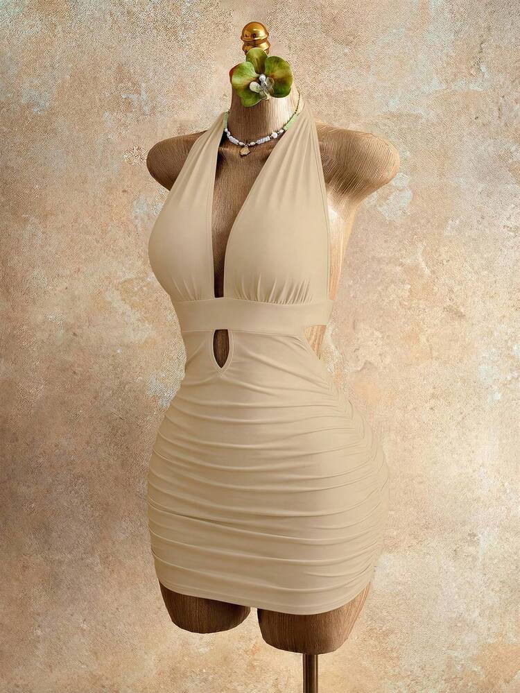 Mistrie Vestido mini de verano para mujer, de unicolor, con escote halter y espalda descubierta, sexy - Albaricoque - Añade 4