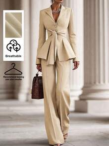 SHEIN Bộ vest công sở màu trơn thanh lịch dành cho nữ, trang phục thường ngày sang trọng, bộ đồ công sở cho nữ, bộ vest nữ cao cấp, bộ áo blazer công sở, bộ quần áo chuyên nghiệp cho nữ. - Màu be - Xem 1