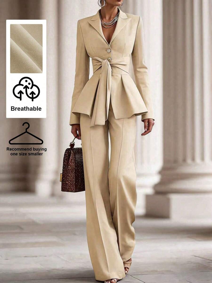SHEIN Bộ vest công sở màu trơn thanh lịch dành cho nữ, trang phục thường ngày sang trọng, bộ đồ công sở cho nữ, bộ vest nữ cao cấp, bộ áo blazer công sở, bộ quần áo chuyên nghiệp cho nữ. - Màu be - Xem 1