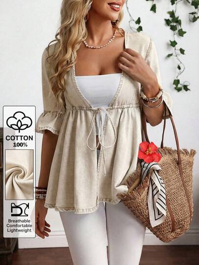 EMERY ROSE Áo khoác denim dáng rộng có dây rút ở eo, cỡ lớn