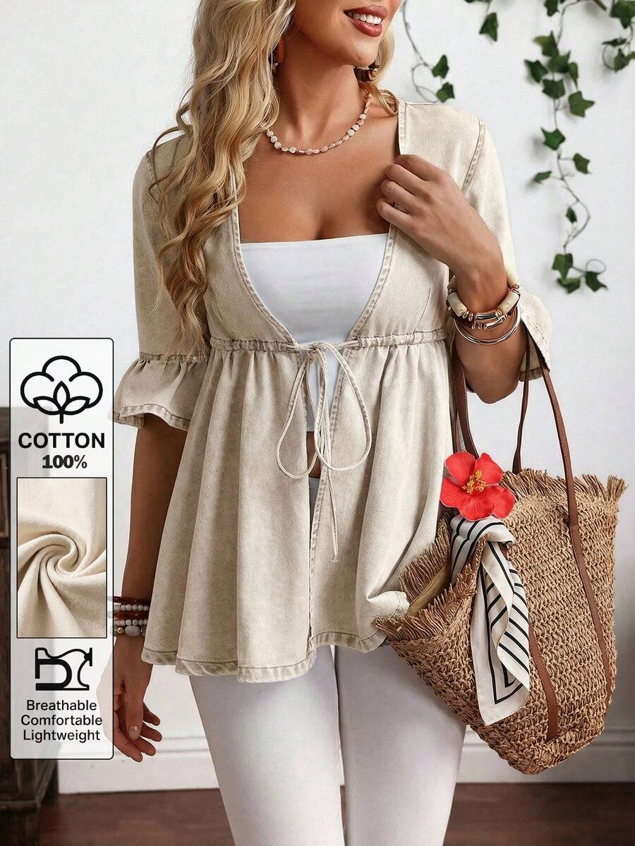 EMERY ROSE Plus Size Casual Business Casual Drawstring Waist Denim Jacket Vacation Beige Summer - Khaki - View 1