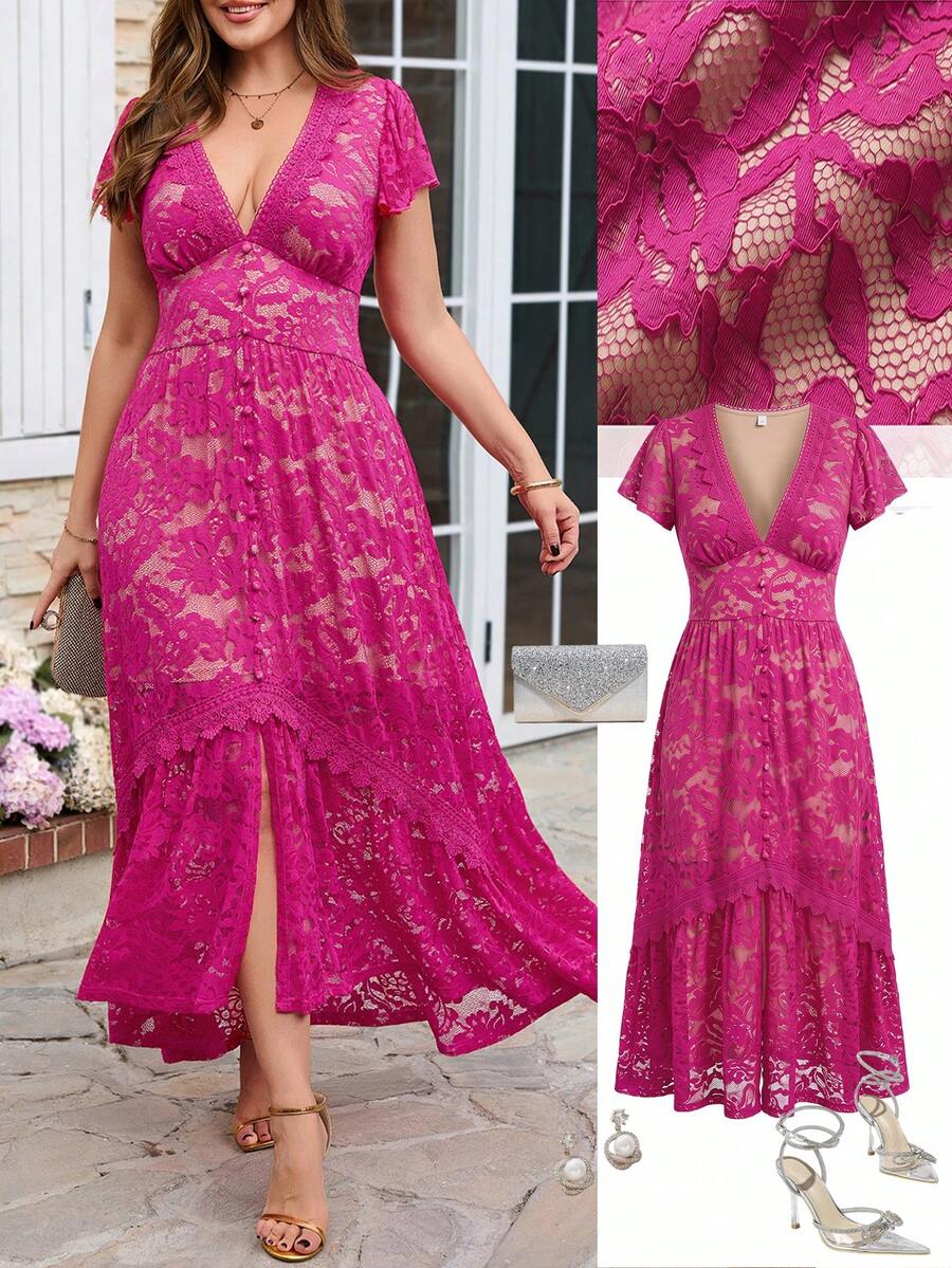 Ellevyn Hot Pink Summer Elegant Wedding Guest Dress Plus Size Women Deep V-Neck Ruffle Short Sleeve Button Floral Lace Formal Party Graduation Flowy Dress - Hot Pink - View 1