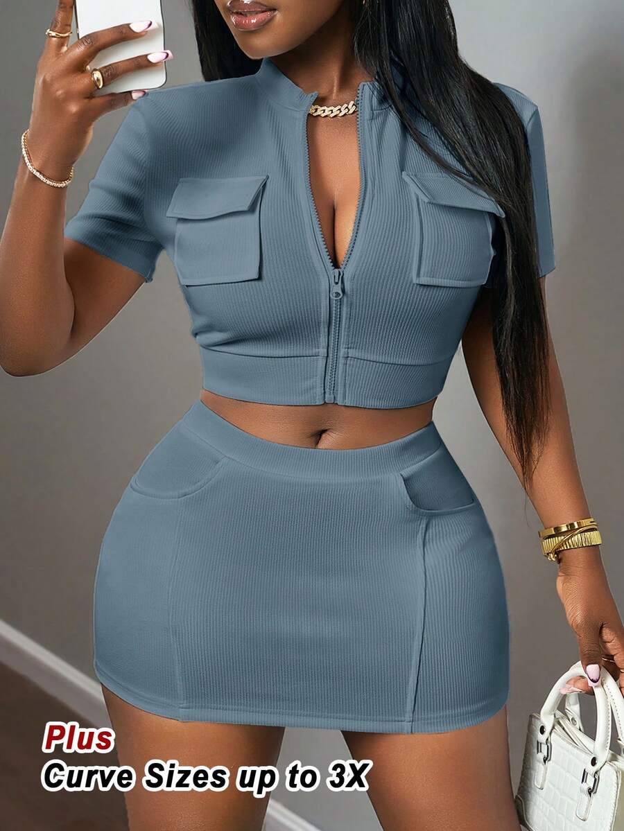 Slaydiva Women's Light Teal Summer Two Pieces Set,Smart Casual Night Street Stand-Up Collar Zipper Short-Sleeved Top&Hip Mini Skirt,White Pit Rib Outfits - Dusty Blue - View 1