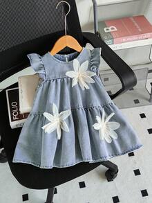 SHEIN Baby GirlDenim Dress With 3D Floral Decor, Cute & Fashion, Versatile For Spring/Summer Fall Winter - Blue - View 5