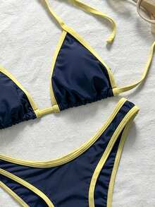 Swim SXY 女款夏季海灘拼接掛脖綁帶性感比基尼三角泳褲泳衣套裝 - 藏蓝色 - 查看 7