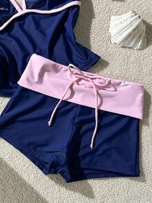 Elavelle Bộ đồ bơi Tankini in hình sao biển và vỏ sò dành cho nữ, quần cạp cao giúp thon gọn vóc dáng, thích hợp cho kỳ nghỉ biển và spa, màu xanh navy. - Nhiều màu - Xem 6