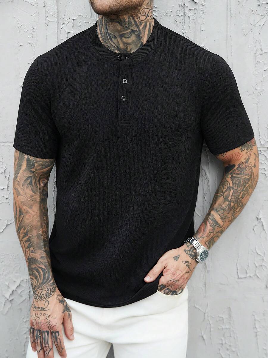 Manfinity Homme Men's Casual Solid Color Short Sleeve T-Shirt, Summer, Holiday - Black - View 1