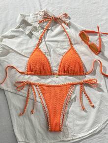 Swim Mod Women's Solid Color Jacquard Fabric Ruffle Trim Tie Strap 2-Piece Bikini Set, Summer - Orange - View 2