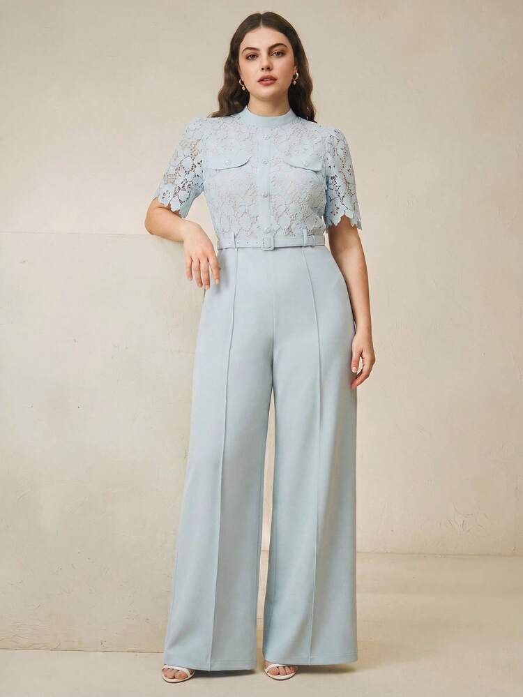 Anewsta New Fashion Water-Soluble Lace Patchwork Rhinestone Decor Waist Belt Wide Leg Jumpsuit, Elegant Casual Plus Size Women