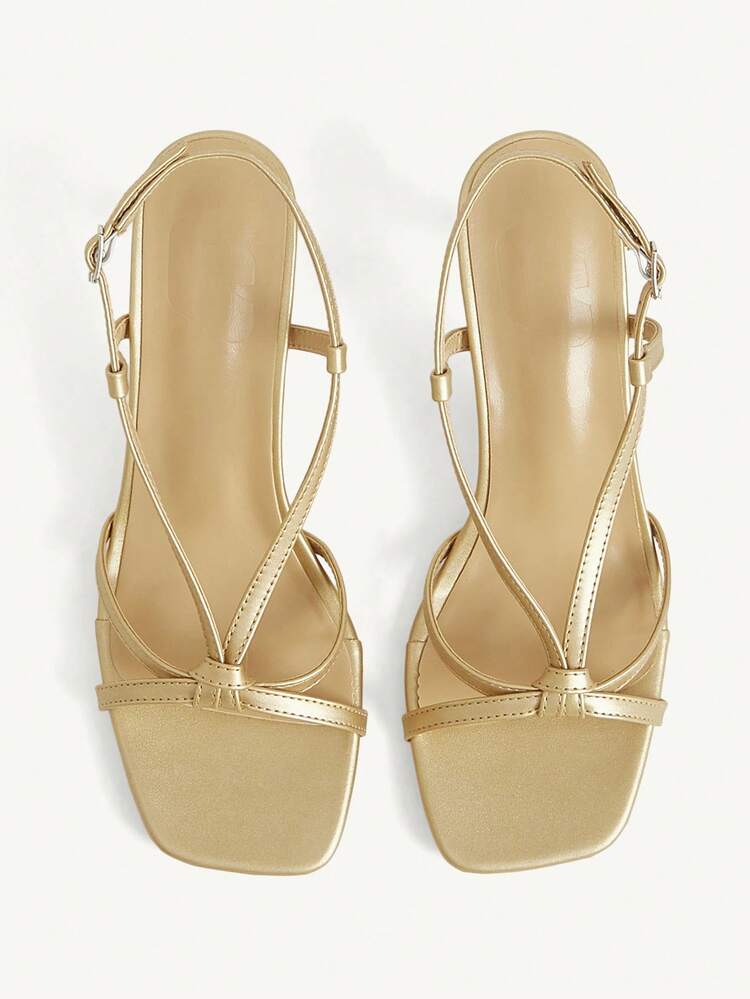CUCCOO CHICEST Women's Shoes Cross Strap Open-Toed Square Head Stiletto Fashion Commuter Gold PU Leather Heels Sandals Dating Afternoon Tea