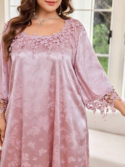 Al Najma Satin Jacquard Patchwork Floral Lace Romantic Elegant Fashion 3/4 Sleeve Pink Dress, Plus Size Arabic Style Dress For Women
