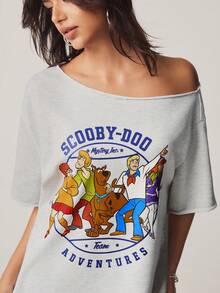 SCOOBY-DOO X SHEIN 女士不对称领休闲短连衣裙，饰有字母和卡通印花 - 淺灰色 - 查看 5