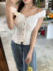DAZY 女款紋理韓風休閒甜美短袖襯衫 夏季可愛上衣 - 白色 - 查看 10