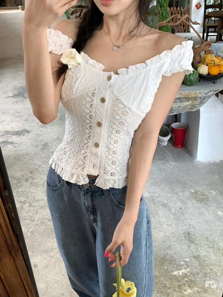 Women's Textured Korean Style Casual Girly Short Sleeve Shirt