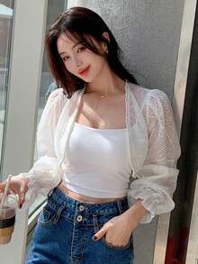 DAZY Solid Flounce Sleeve Crop Blouse,Ruffle Sheer,Fall Women Clothes Long Sleeve Top - White - View 6