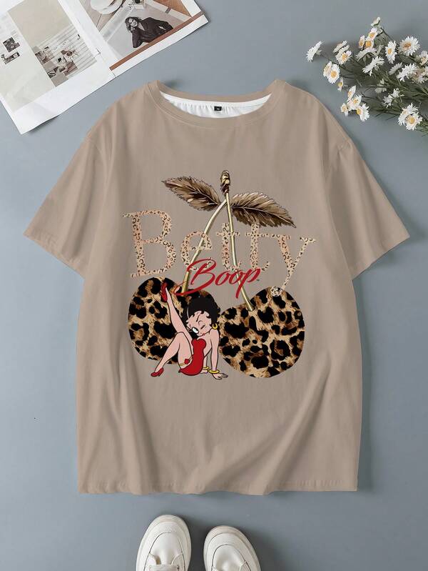 Betty Boop x SHEIN Plus Size Summer Casual Leopard Print & Cherry Cartoon Graphic T-Shirt