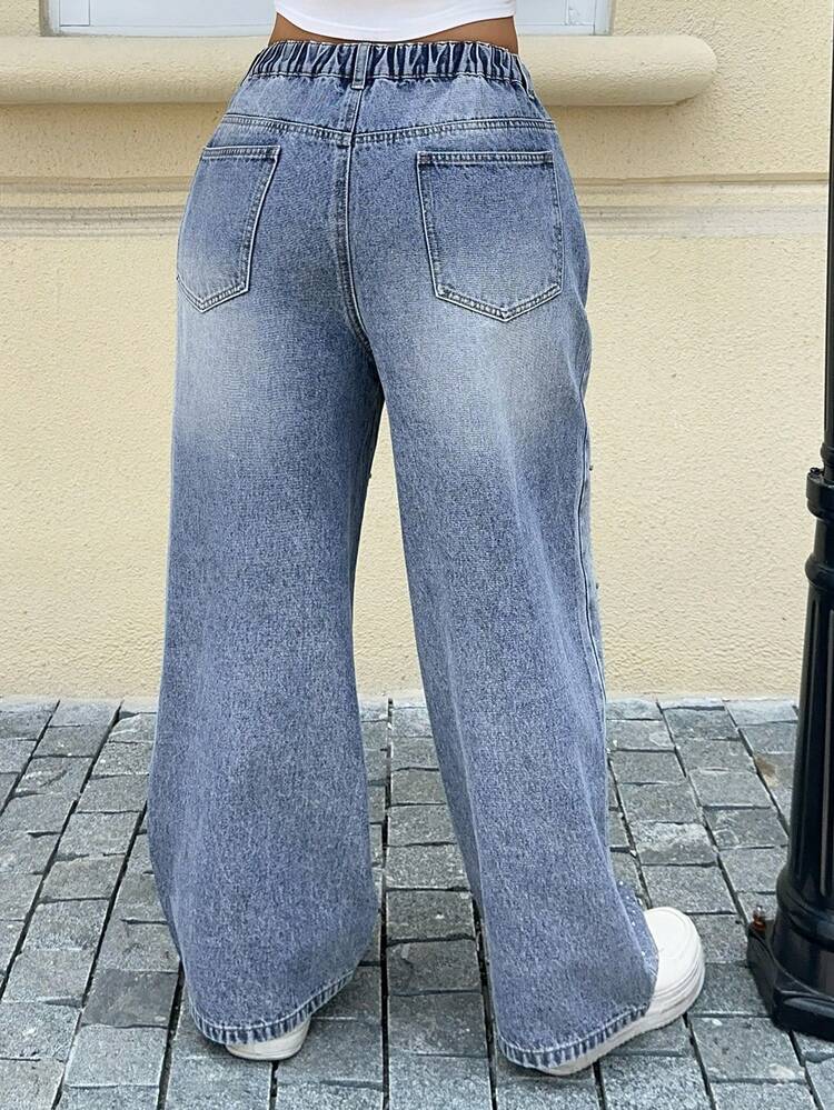 Dazy Plus Plus Size Women Casual Loose Fit Rhinestone Decor Waist Jeans, Streetwear, Suitable For All Seasons