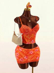 Amplova Lace Cup Detail Tropical Floral Mesh Bodycon 2 Pieces Set For Women Beach Vacation Orange Red Summer Outfits Casual - Orange - View 4