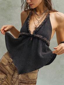 Bohemela Casual Boho Solid Color Woven Halter Neck Blouse For Women Vacation Charcoal Gray Summer - Black - View 9