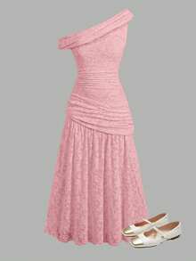 SHEIN Teen Girl/Teen Girls Lace Trim Ruched Shoulder Elegant Long Dress, Suitable For Commuting And Formal Occasions - Pink - View 7