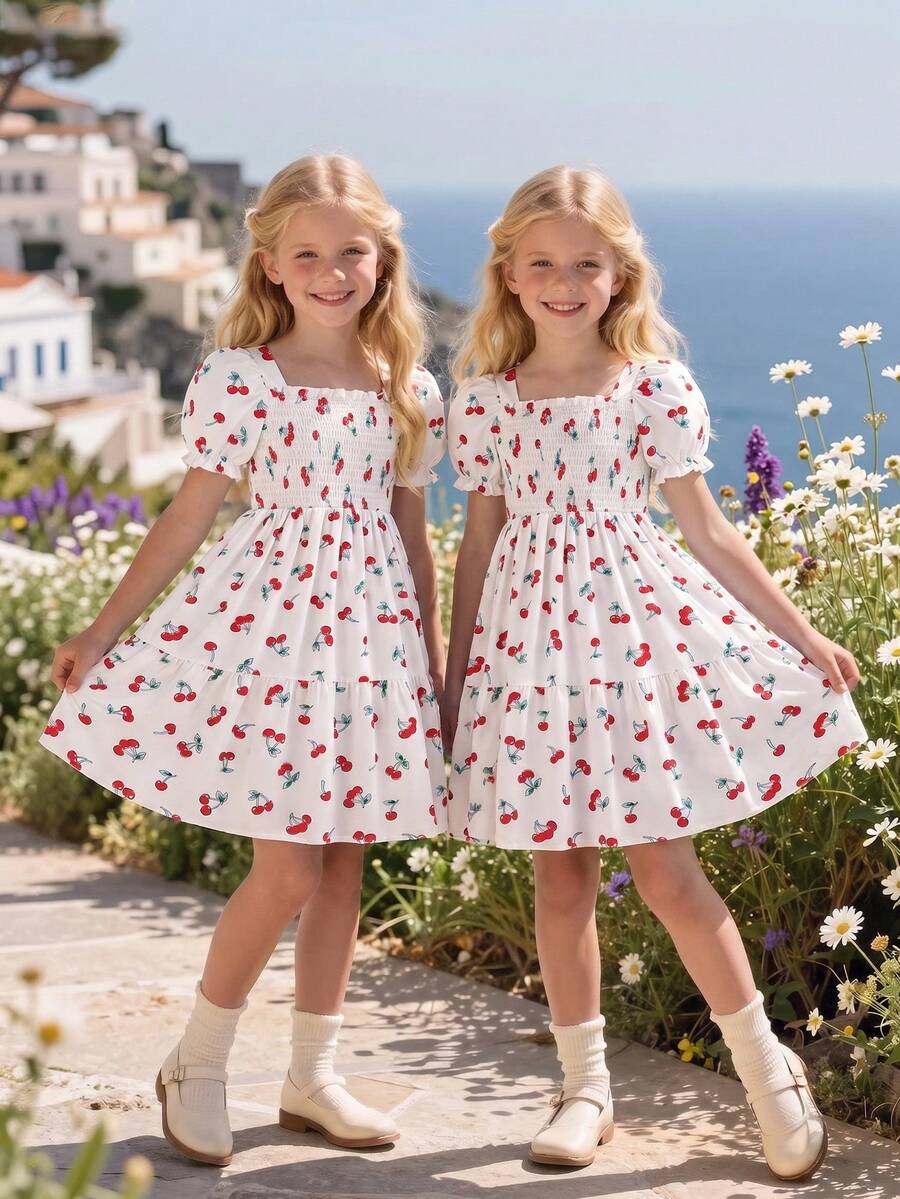 SHEIN Elladie kids 1件女童夏季新款多巴胺度假樱桃印花吊带连衣裙，可爱时尚沙滩裙，适合外出和度假 - 彩色 - 查看 1