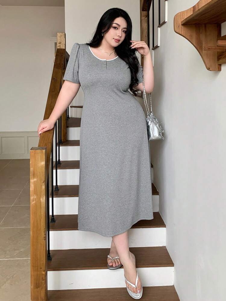 Dazy Plus Color Block Scoop Neck Half-Open Front Fitted Short Sleeve Long Casual Knit Dress, Plus Size Women Spring/Summer