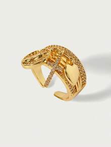 Glisma 1pc New Arrival Side-Set Little Heart Cross Religious Charm Rings Pave Zirconia Multi-Loop Adjustable Open Rings - Gold - View 4