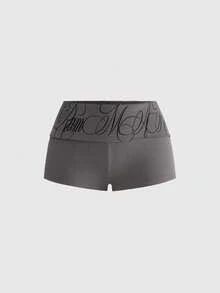 ROMWE Grunge Punk 2pcs/Set Punk Cross Slogan Crop Top & Super Low-Rise Mini Shorts, Music Festival Outfit - Grey - View 5