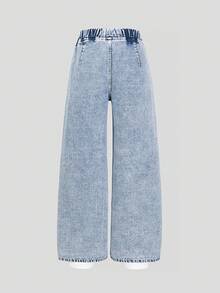 SHEIN 女童宽松牛仔裤，夏季新品，爱心刺绣，浅蓝色牛仔布，松紧腰，直筒裤型，轻盈柔软面料，舒适休闲，适合日常、度假、上学、通勤、户外聚会等各种场合，夏季女童牛仔裤 - 藍色 - 查看 3