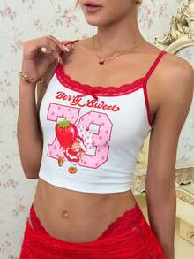 Strawberry Shortcake X SHEIN 女士甜美可爱蕾丝拼接3D蝴蝶结装饰吊带背心 - 白色 - 查看 3
