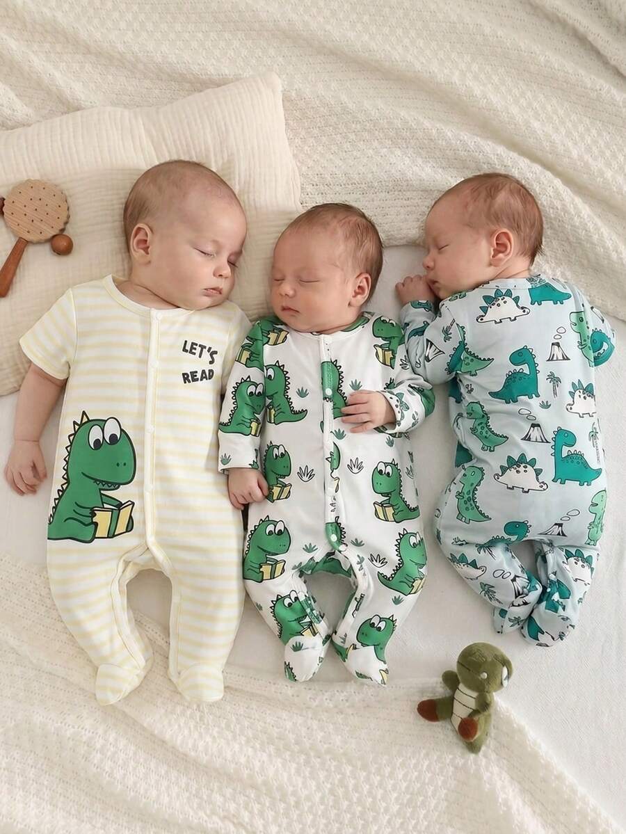Bộ đồ ngủ 3 món cho bé sơ sinh, cổ tròn, tay ngắn, quần short, màu vàng, trắng, xanh dương, xanh lá cây, sọc kẻ, họa tiết khủng long hoạt hình dễ thương, đồ mặc nhà thoải mái hàng ngày, chất liệu mềm mại, thoải mái, thân thiện với da, thoáng khí cho trẻ sơ sinh, kiểu dáng hiện đại, chất lượng cao, nhẹ, thích hợp mặc trong nhà cho bé. - màu xanh lá - Xem 1