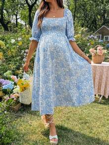 SHEIN 夏季孕妇休闲碎花方领连衣裙 - 藍白色 - 查看 3