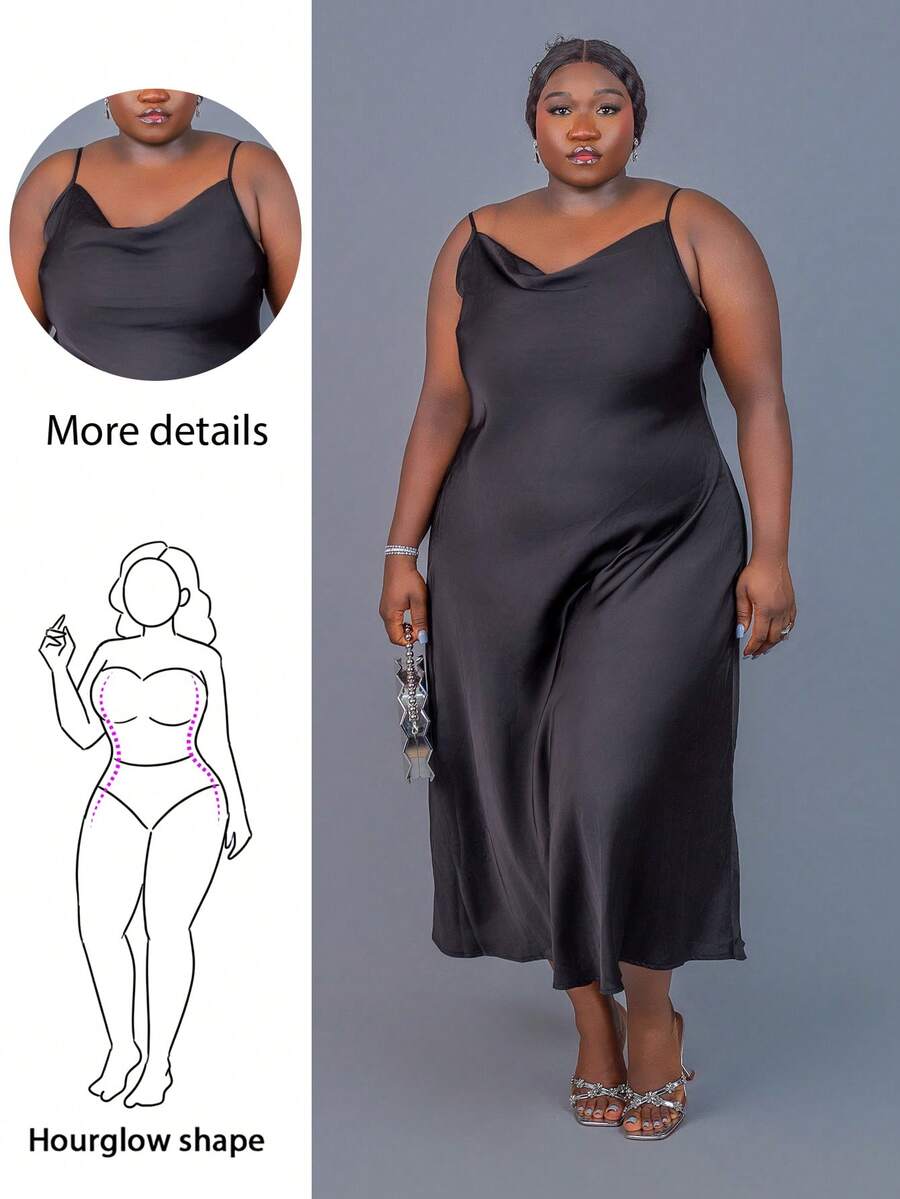 CurvyTilda Plus Size Women Solid Color Draped Neck Elegant Slip Luxury Dress, Fall/Autumn/Winter, Christmas, New Year, Thanksgiving, Party, Wedding, Beach, Graduation, Chic, Elegant, Casual, Going Out, Date, Appointment, Commute, For Hourglass Body Shape - Black - View 1