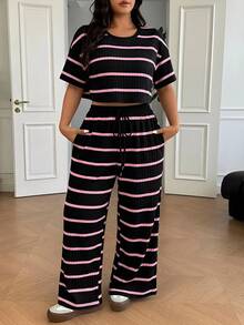Solflare Plus Size Women Summer Striped Short Sleeve T-Shirt And Drawstring Waist Wide Leg Pants Casual 2 Piece Set - Multicolor - View 4