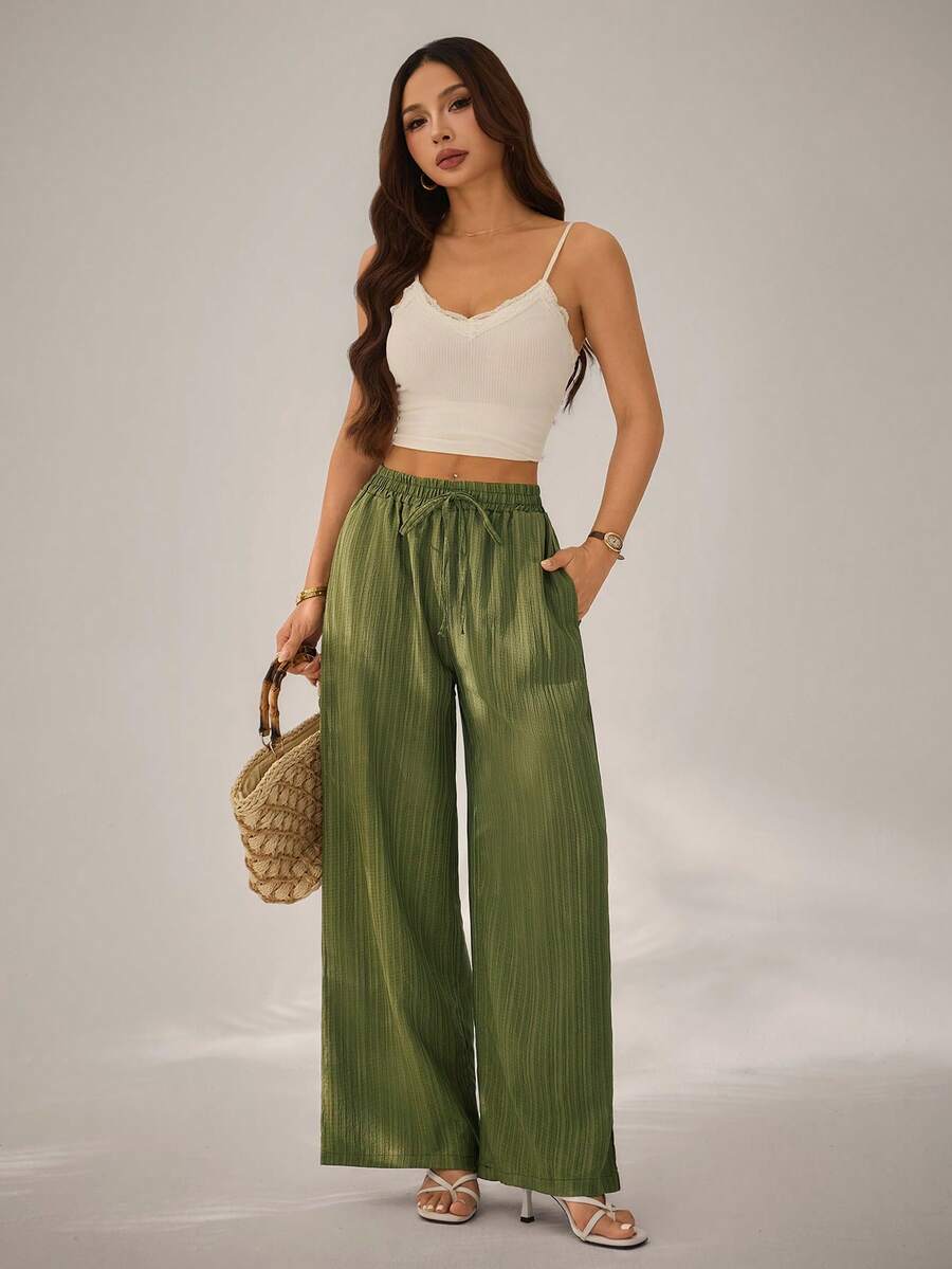 SHEIN PETITE Women's Casual Solid Color Drawstring Waist Slant Pocket Long Pants ,Petite Women - Army Green - View 1