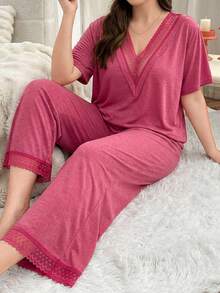 Softscene Plus Size Lace Trim Deep V Sleepwear Set - Hot Pink - View 1