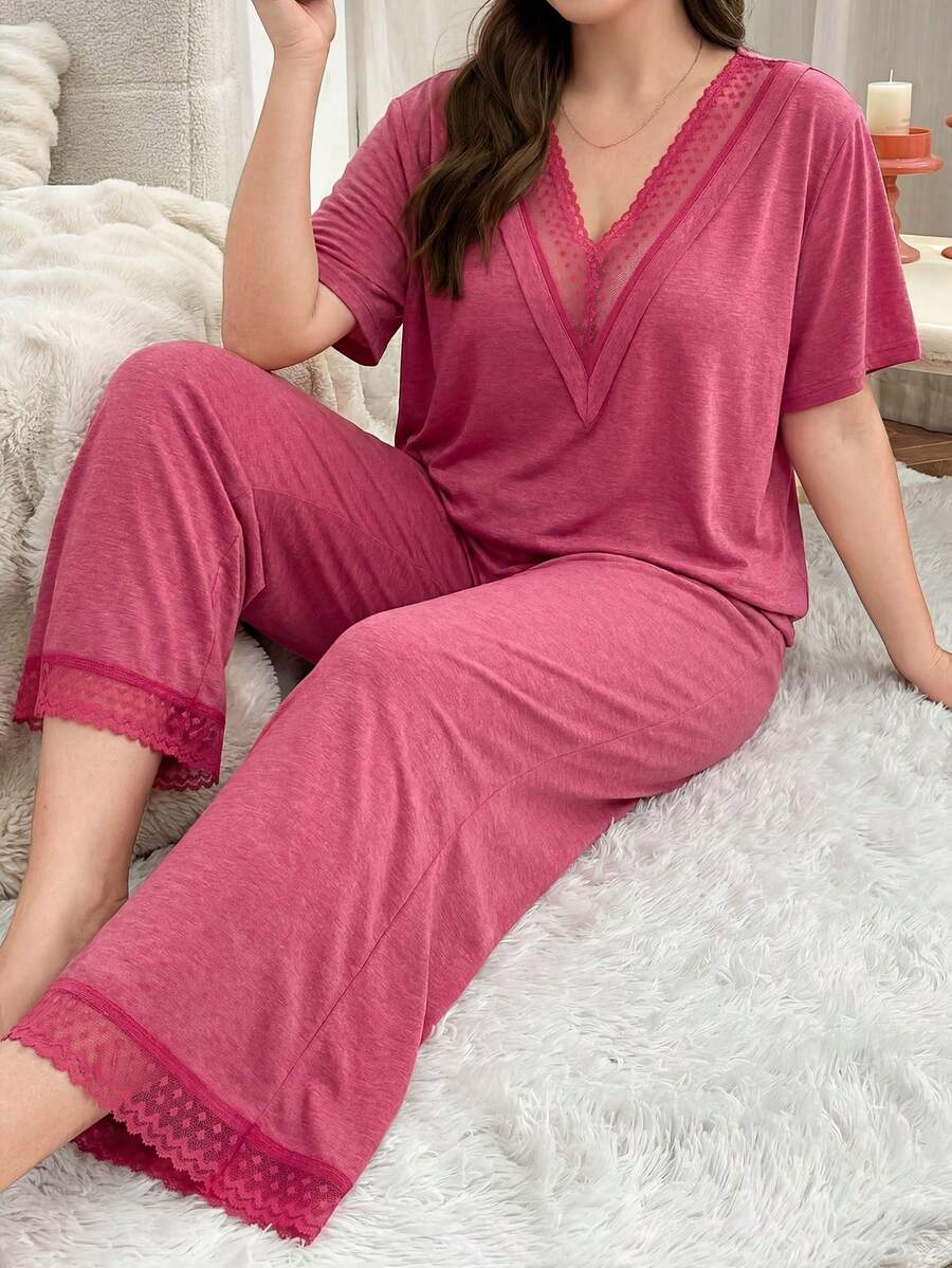 Softscene Plus Size Lace Trim Deep V Sleepwear Set - Hot Pink - View 1