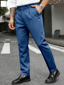 Manfinity Mode Men Plus Size Solid Color Pleated Casual Formal Suit Pants With Belt Loops, Ceremony - Dusty Blue - View 4