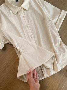 SHEIN Comfortcana Plus Size Casual Solid Color Shirt, Summer - Apricot - View 4