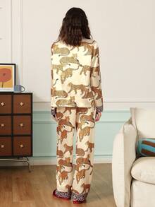 Chillnights 2pcs Women Leopard Print Contrast Color Pajama Set - Beige - View 2