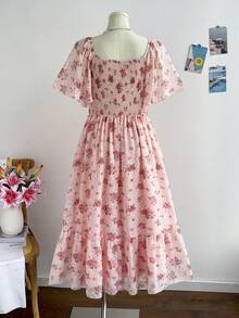 Soleia Đầm maxi cỡ lớn dành cho nữ, họa tiết hoa xanh trắng cổ điển, tay bồng, eo chun, thích hợp cho kỳ nghỉ hè, đi học, đi ăn trưa hoặc dự tiệc độc thân. - Hồng - Xem 2