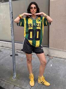 Muchica Camiseta de manga corta de punto con estampado de letras y rayas para mujer - Multicolor - Ver 6