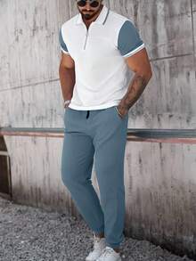Manfinity CasualCool Setelan Kemeja Polo Lengan Pendek dan Celana Kasual Saku Pria dengan Blok Warna, Cocok untuk Perjalanan dan Jalan-jalan - Dusty Blue - View 3