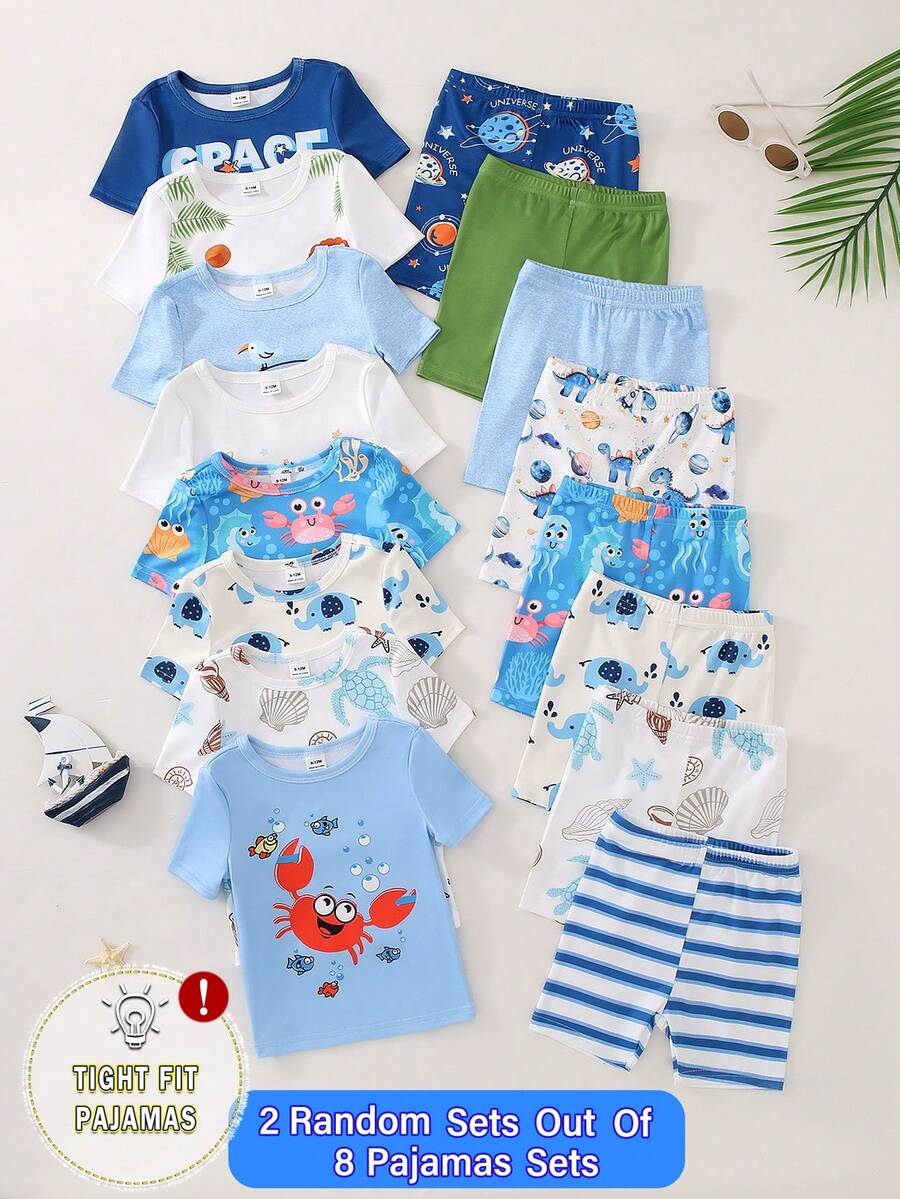 [2 Bộ/8 Bộ] Bộ đồ ngủ ngắn tay in hình hoạt hình mùa hè cho bé trai, chủ đề đại dương tươi mát, màu xanh dương, trắng, xanh lá cây, mềm mại, thoáng khí, co giãn, ôm sát, tay ngắn và quần short, đồ mặc nhà, đồ ngủ có thể mặc ngoài trời. - Nhiều màu - Xem 1