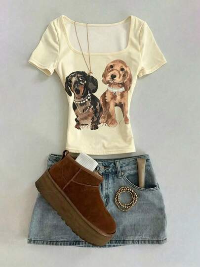 Glimmora Recommended Best-Selling Style, Sweet And Cute Pearl Sunglasses And Dachshund Dog Print Women's Square Neck T-Shirt, Casual Wear For Girlfriends When Commuting And Going Out, School Wear, Date Wear, Age-Reducing And Eye-Catching Fashionable Summer Style