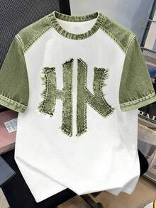 Manfinity Joysei 复古美式撞色落肩短袖T恤，饰有HK字母印花，圆领，街头简约短袖，夏季上衣，男女皆宜的休闲上衣，男士图案T恤，女士图案T恤，夏季休闲短袖 - 彩色 - 查看 4