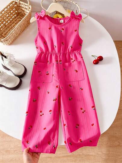 SHEIN Genkimix Kids Young Girls' Cute Cherry Print Camisole With Bow, Button Back Waist Tie Wide Leg Casual Jumpsuit