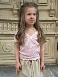 DAZY Áo croptop ôm sát cổ chữ V có viền bèo nhún, áo thun dễ thương cho bé gái (size nhỏ). - Hồng - Xem 8